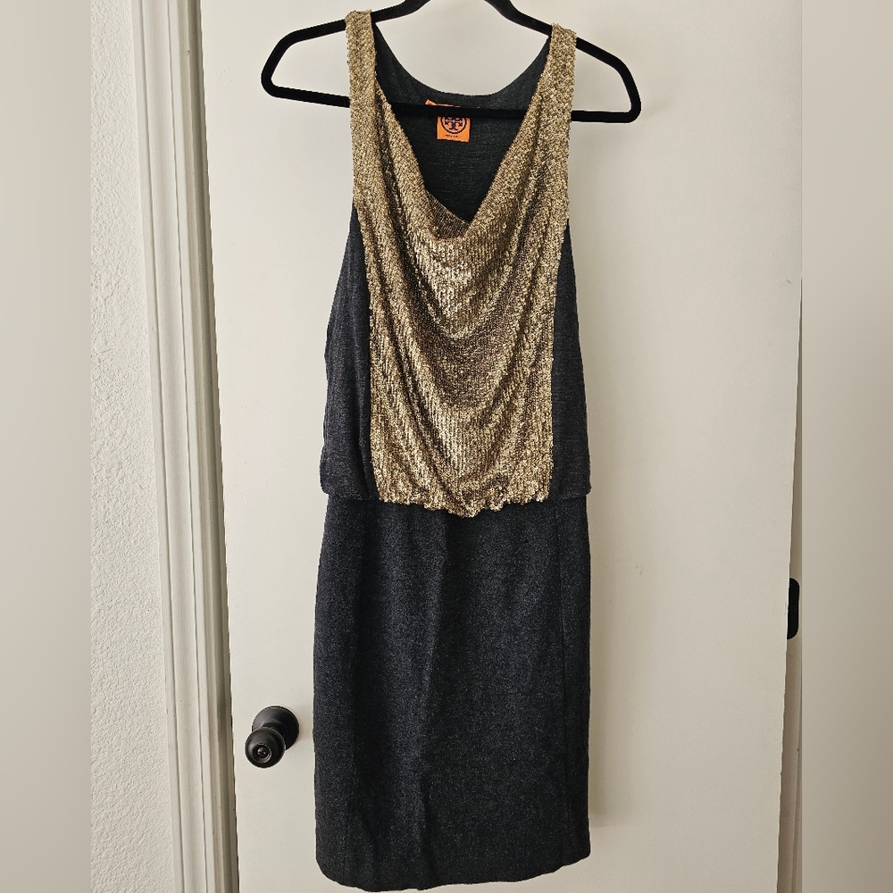 Tory Burch dark gray wool gold sequin racerback midi dress size XS